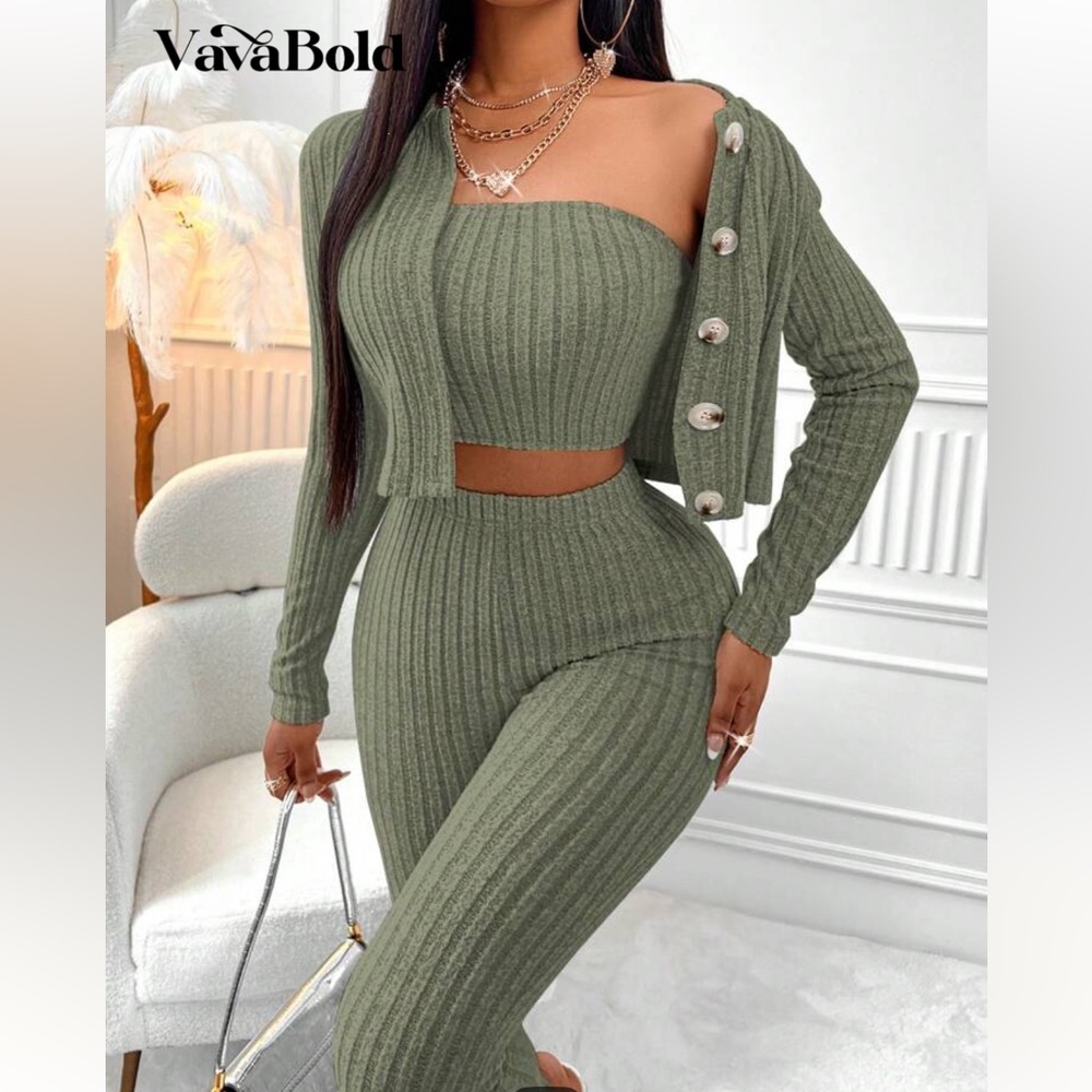 SHEIN Olive Ribbed High-Waist Leggings Set with Crop Top & Cardigan